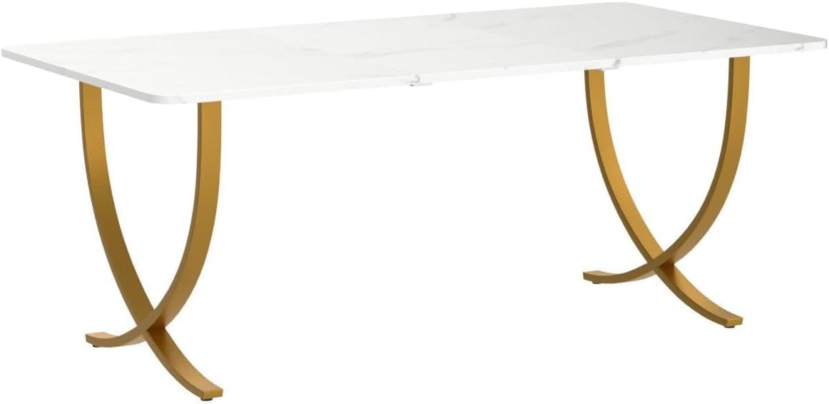 Executive Desk, 63” W x 31.5” D Large Office Desk, Modern Computer Desk Conference Table Meeting Room Table, Business Furniture for Home Office, White and Gold