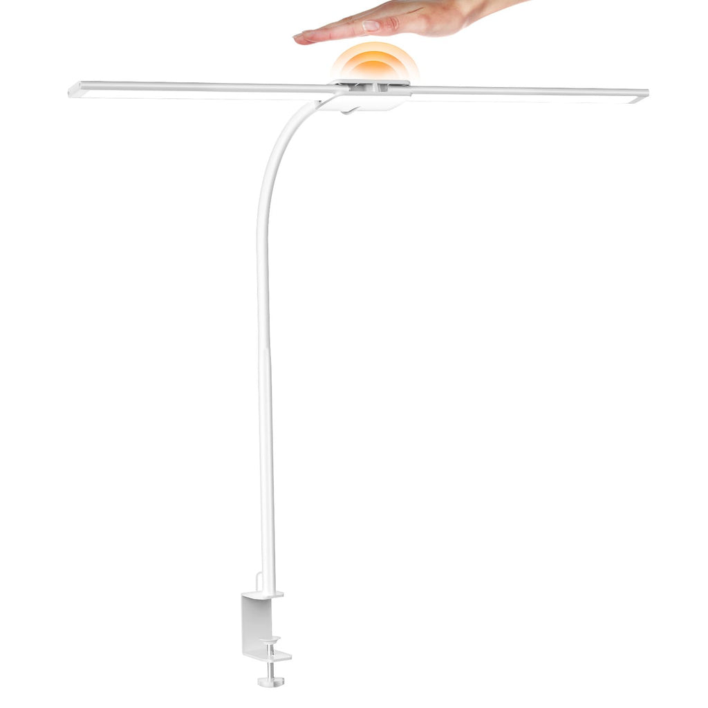LED Desk Lamp, Dual Head Desk Light with Clamp, 50 Lighting Modes Eye-Caring Table Lamp, Flexible Gooseneck Task Light with Motion Sensor, Wired Control, Timer & Memory Function for Office