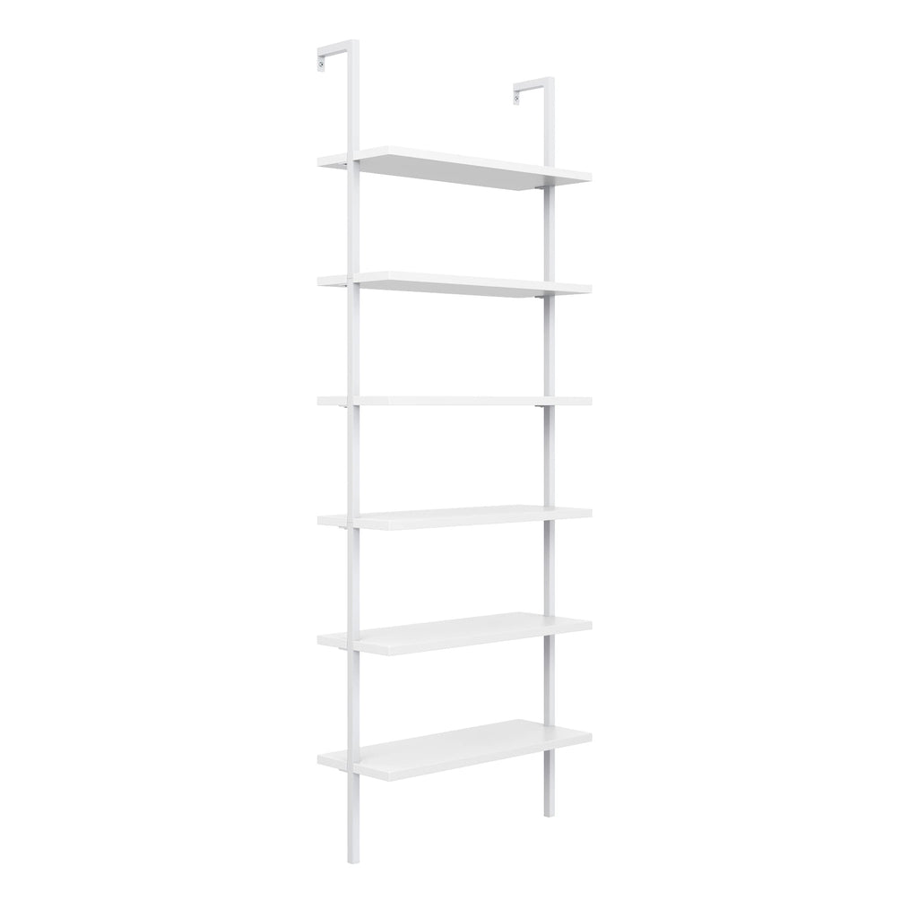 6-Shelf Tall Modern Bookshelf, Wall Mount Ladder Shelf Bookcase with Wood and Industrial Metal Frame, Matte White