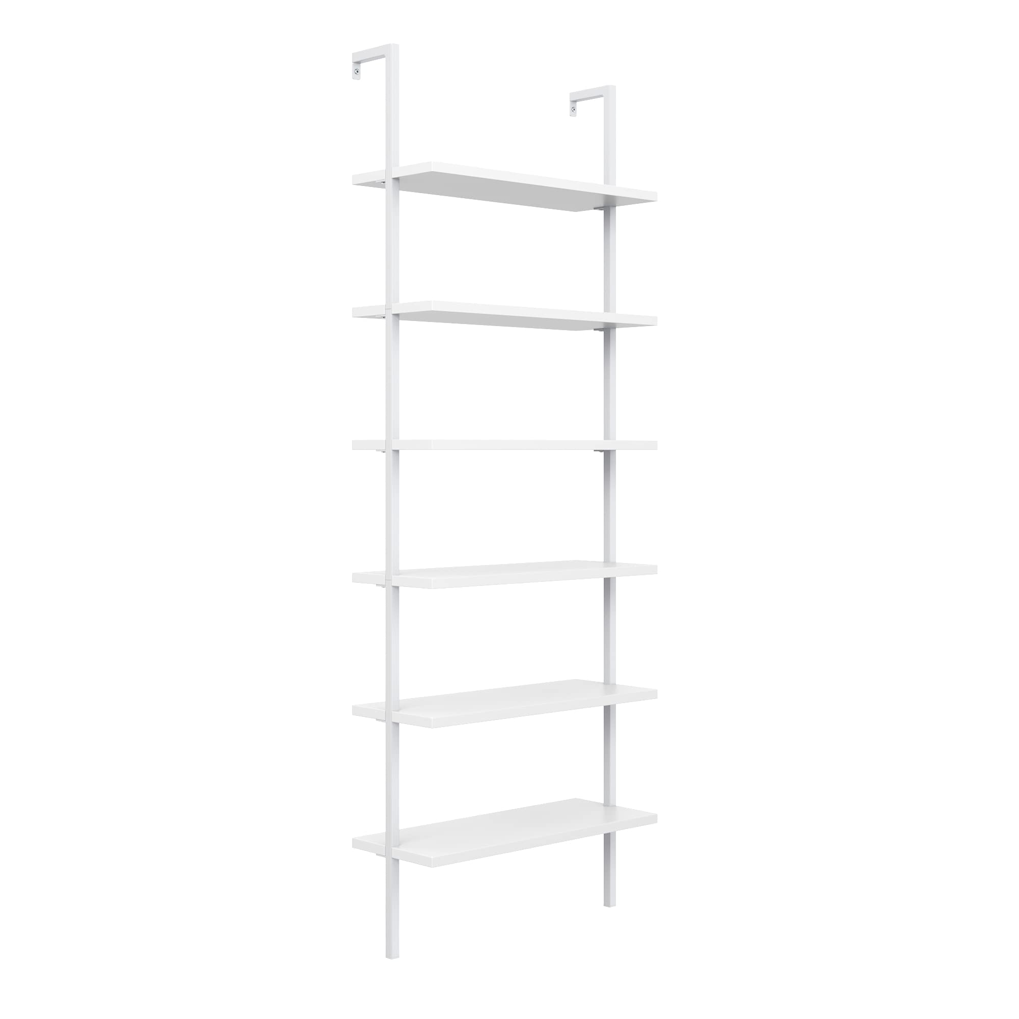 6-Shelf Tall Modern Bookshelf, Wall Mount Ladder Shelf Bookcase with White Wood and Industrial Metal Frame, Matte White/White, Set of 2