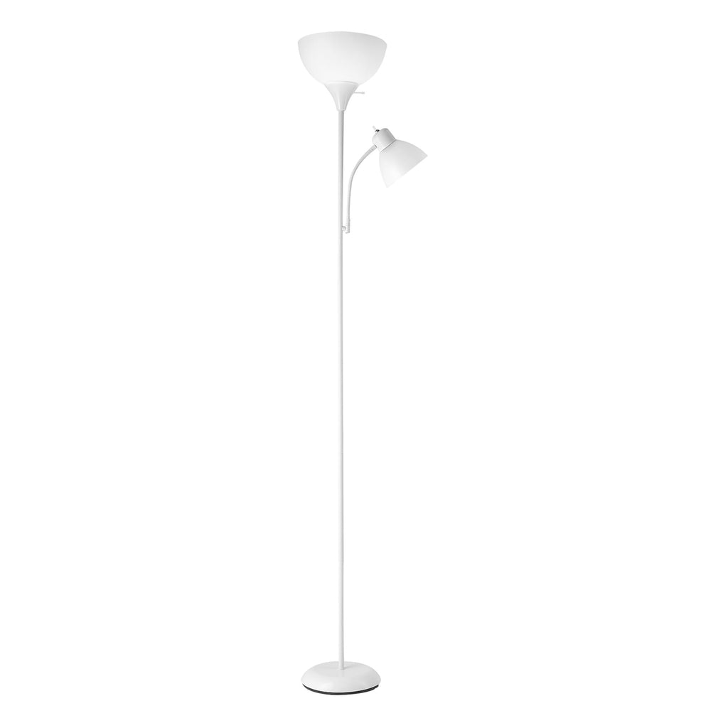 67136 72" Torchiere Floor Lamp with Adjustable Reading Light, Matte White Finish, Frosted Shades, Rotary Switch on Socket, E26 Base