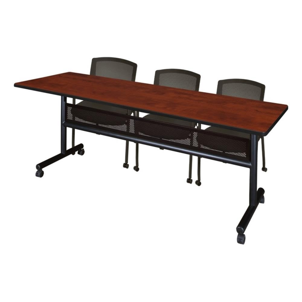 84 x 24 Flip-Top Nesting Table, Cherry Laminate, 1-Inch Thick Thermal Fused Melamine Top, Black T Edge Banding, Includes 2 Stackable Mesh Guest Chairs, Conference or Training Room Set