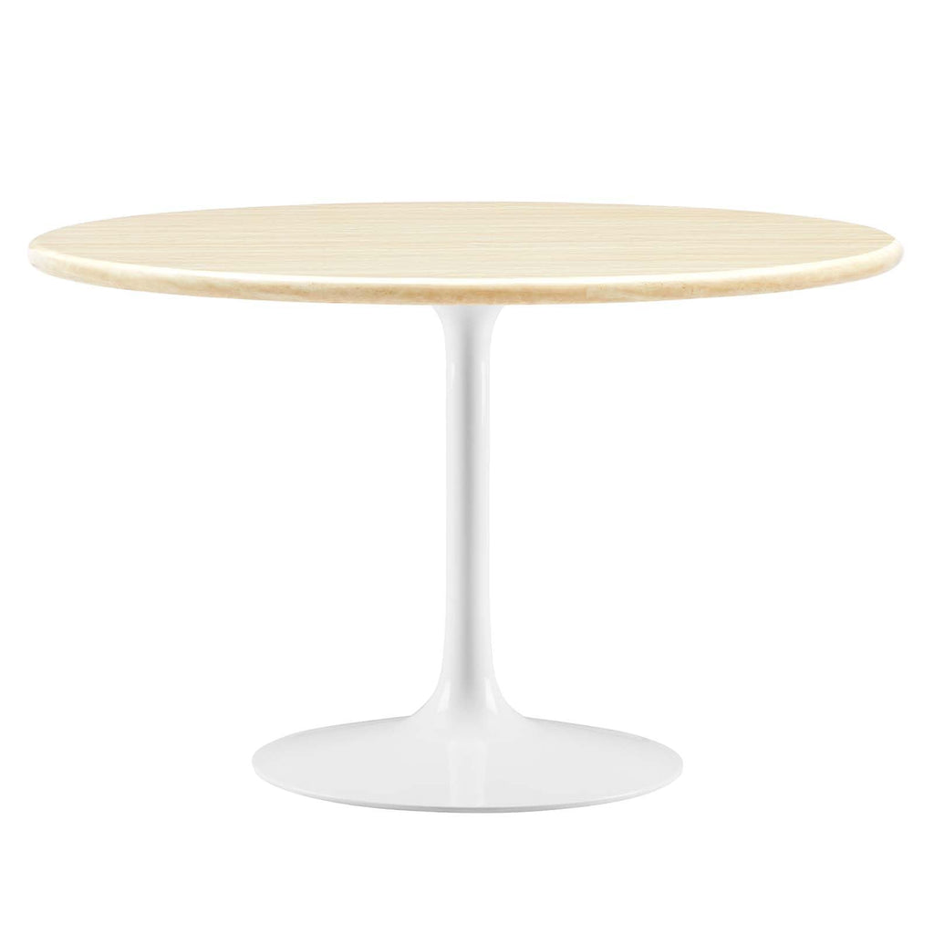 Modway Lippa 48" Round Artificial Dining Table with Tapered, Metal Base, White Travertine