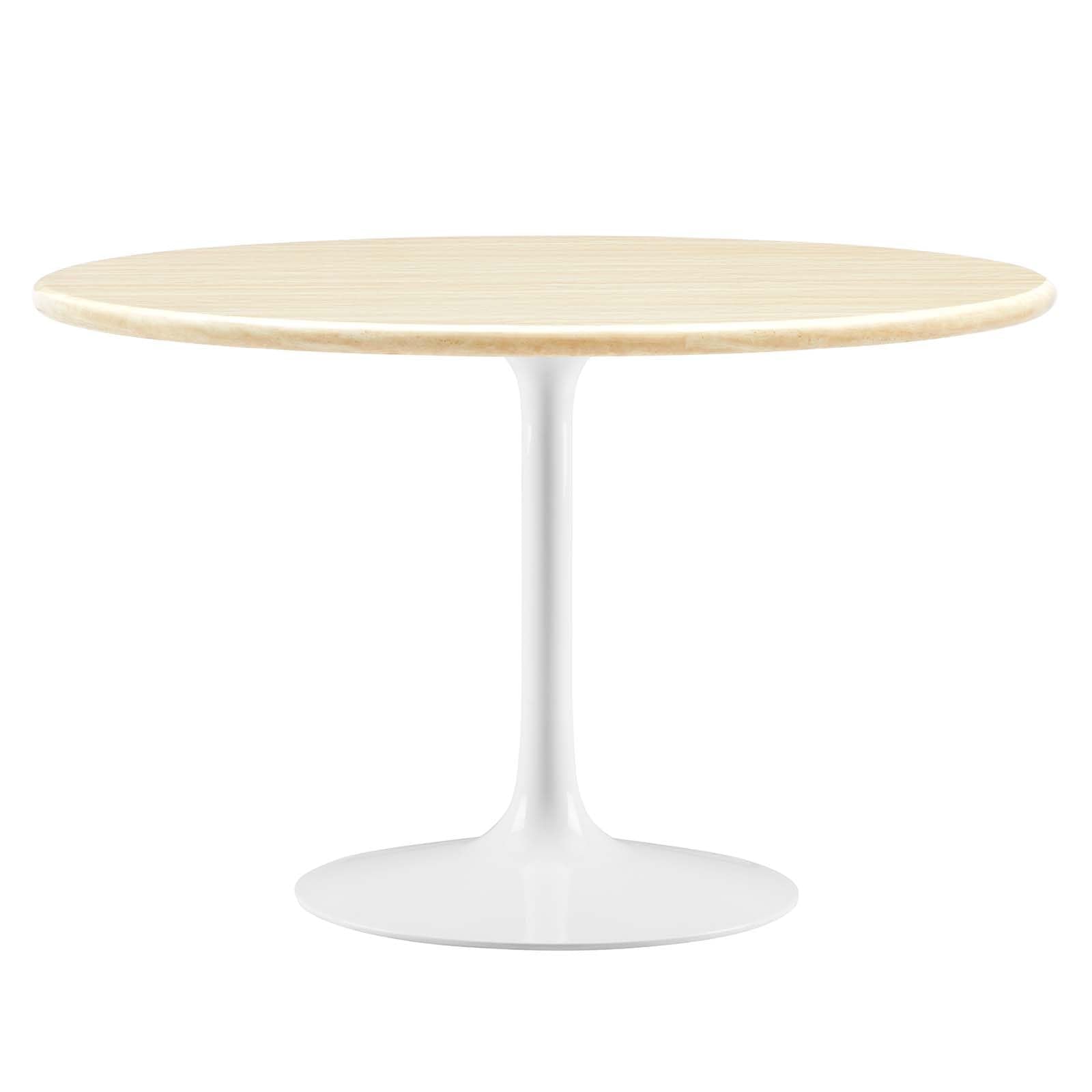 Modway Lippa 48" Round Artificial Dining Table with Tapered, Metal Base, White Travertine