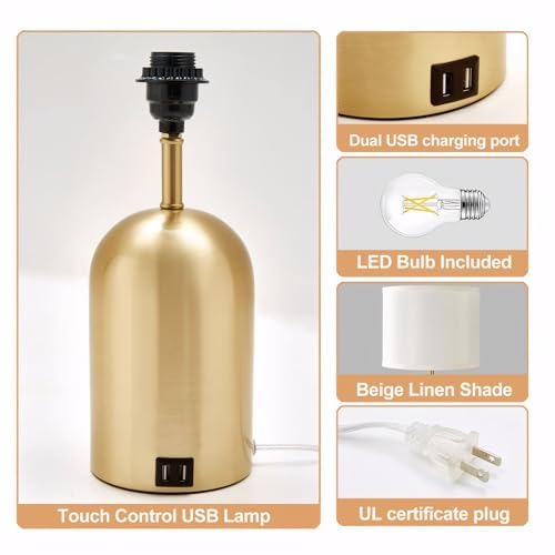 Touch Control Table Lamp, Gold Bedside Table Lamps for Bedroom