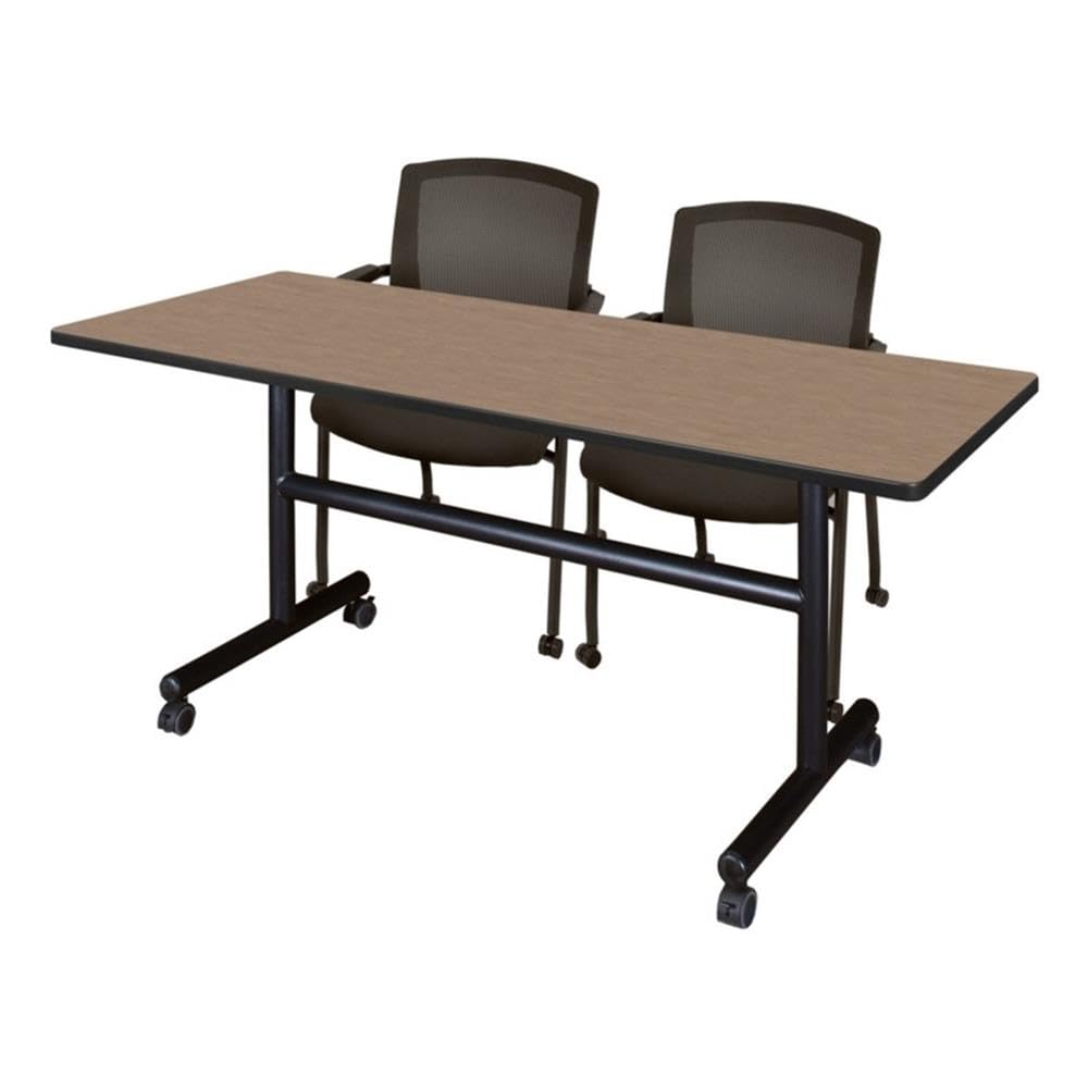 60x24 Flip-Top Nesting Table with 2 Mesh Guest Chairs, Noble Oak Laminate, 1-Inch Thick Thermal Fused Melamine Top, Black T Edge Banding, Stackable Chairs for Training or Conference