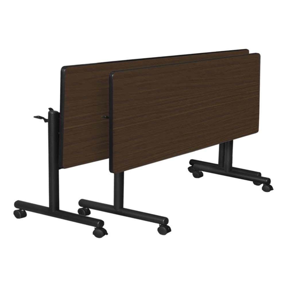 84 x 24 Flip-Top Training Table with Nesting Chairs, Neo Walnut Laminate Top, Black Edge Banding, 1" Thick Melamine, Breathable Mesh Chair Backs, Space-Saving Design for Meetings