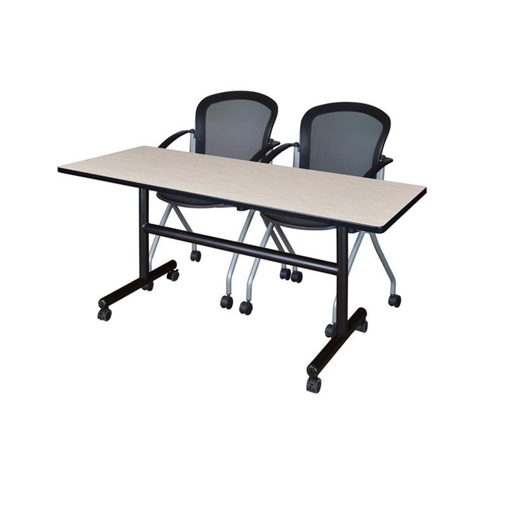60" x 30" Flip Top Nesting Table with 2 Nesting Chairs, Maple and Cherry Laminate, Mobile Table with Locking Casters, Breathable Mesh Back Chairs, Space-Saving Office