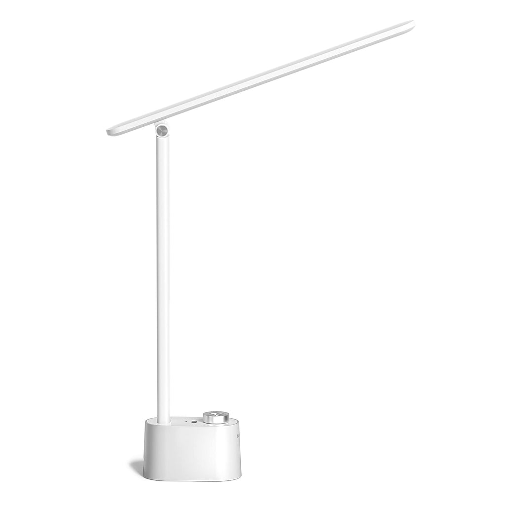 LED Desk Lamp with USB Charging Ports - HWT-H01 Stepless Dimmable Eye Caring Table Lamp for College Dorm Home Office, Foldable Small Bedside Lamp for Bedroom with Base White