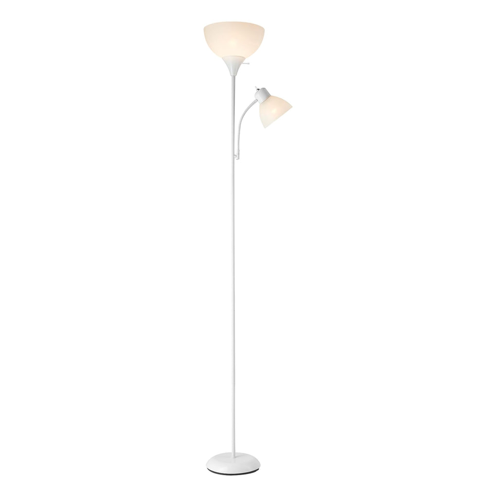 67136 72" Torchiere Floor Lamp with Adjustable Reading Light, Matte White Finish, Frosted Shades, Rotary Switch on Socket, E26 Base