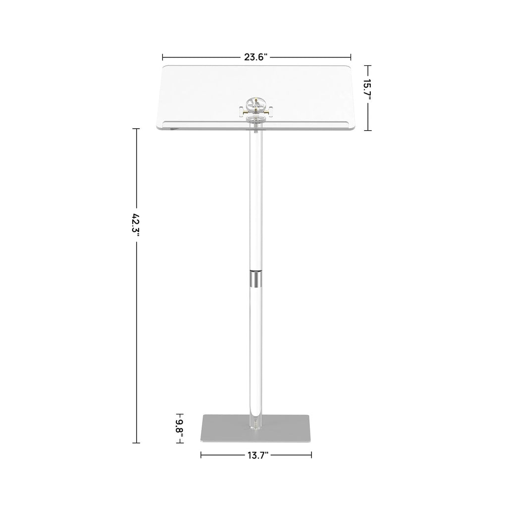 Acrylic Podium Stand, Angle Adjustable, Modern Lecterns & Pulpits for Classroom, Concert, Church, Speech, Easy Assembly, Metal Base, 23.6" L x 15.7" W x 42.3" H, Clear
