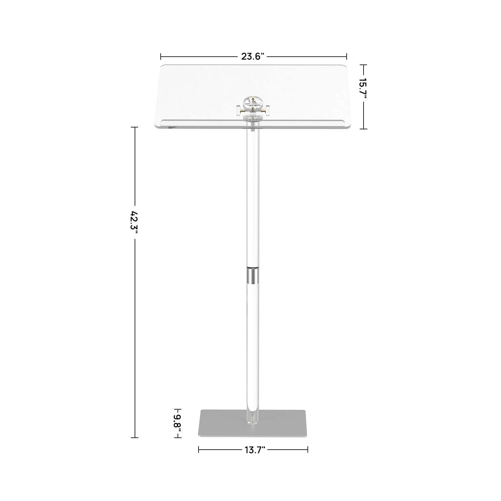 Acrylic Podium Stand, Angle Adjustable, Modern Lecterns & Pulpits for Classroom, Concert, Church, Speech, Easy Assembly, Metal Base, 23.6" L x 15.7" W x 42.3" H, Clear