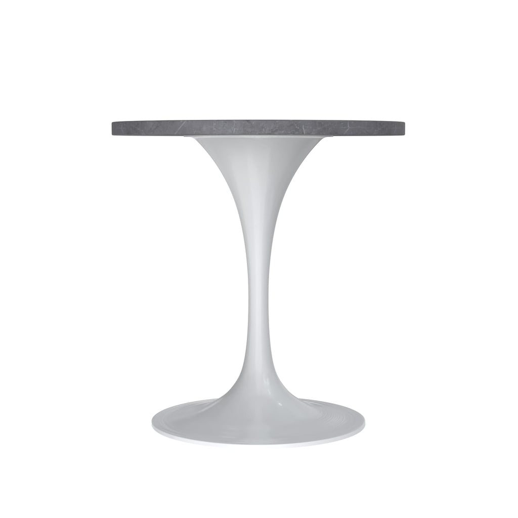 LeisureMod Verve Mid-Century Modern Dining Table with a 27" Round Sintered Stone Tabletop and White Stainless Steel Pedestal Base for Kitchen and Dining Room (Grey)