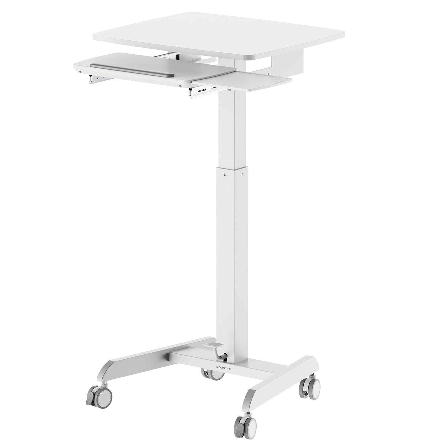 Height Adjustable Rolling Laptop Desk with Keyboard Tray, Mobile Sit-Stand Computer Cart with Wheels, Small Standing Desk for Home, Office, or Classroom, 23.6" x 20.5", White