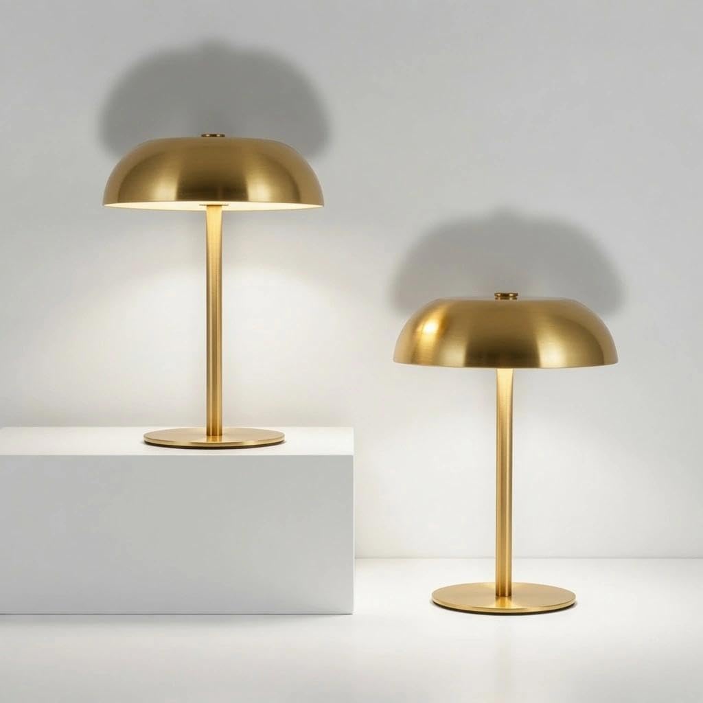 2 Pack Portable LED Mushroom Table Lamp, Metal Cordless Desk Night Light, Stepless Dimming Touch Lamp with 3 Colors for Bedroom Bedside Restaurant Bar, Golden