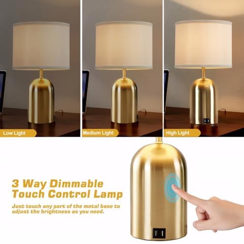 Touch Control Table Lamp, Gold Bedside Table Lamps for Bedroom