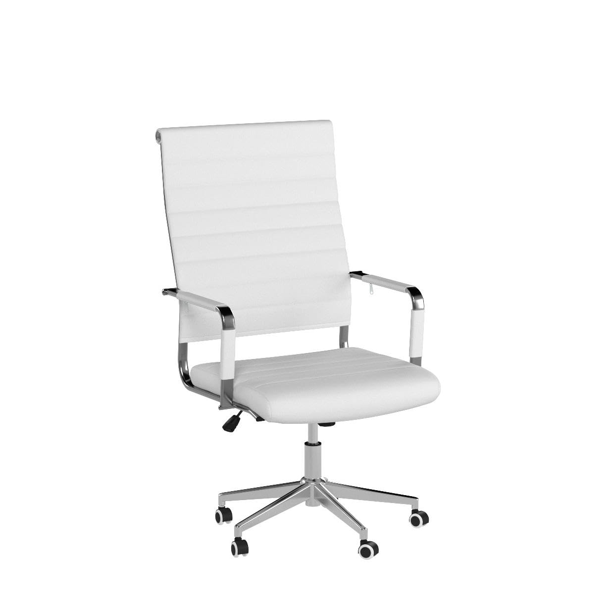 White Office Desk Chair, Ergonomic Leather Modern Conference Room Chairs, Executive Ribbed Height Adjustable Swivel Rolling Chair for Home Office.