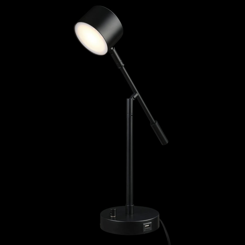 Aristocrat 16" Integrated LED Swing Arm Desk Lamp, Matte Black, Dimmable On/Off Rotary Switch at Base, 2.1A USB Port