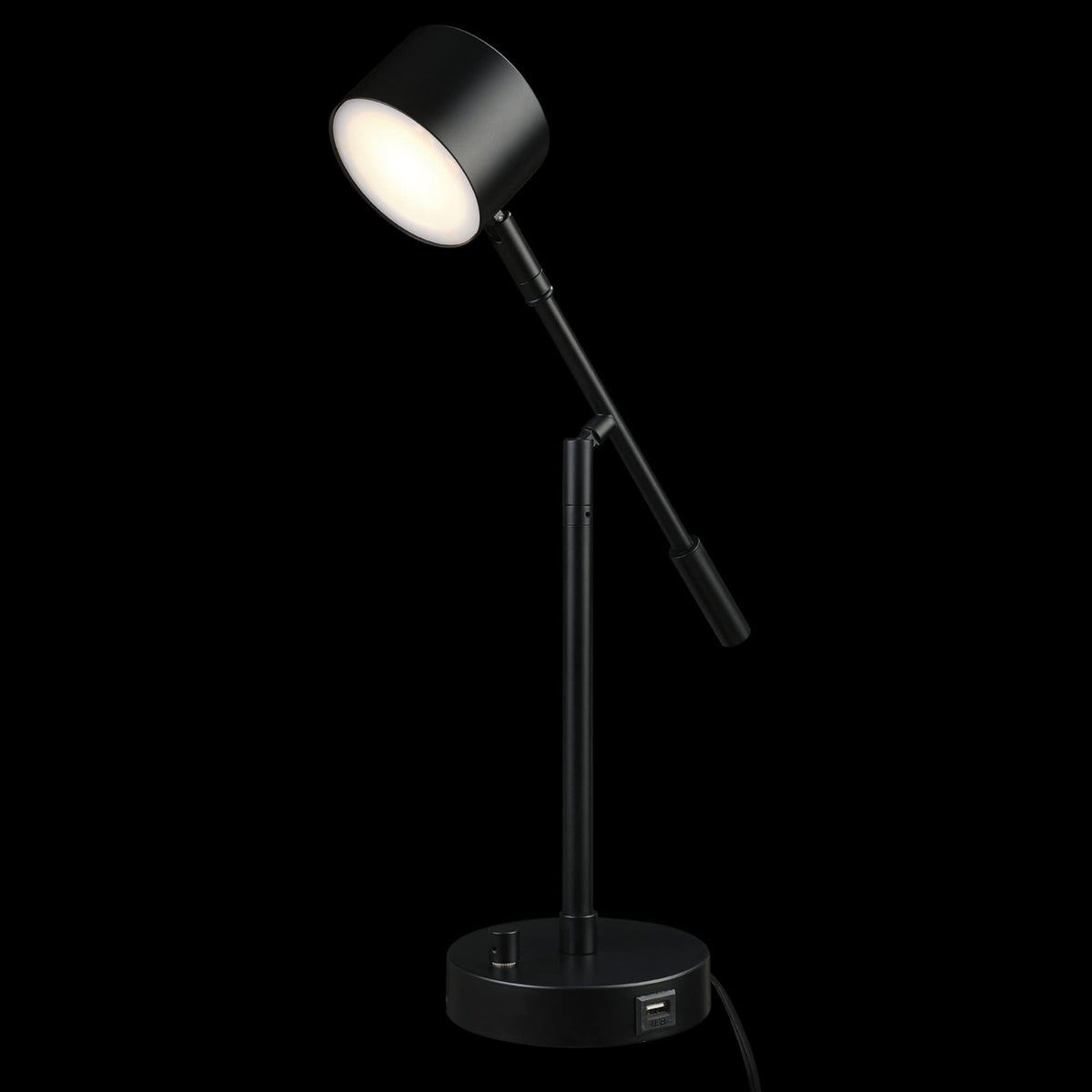Aristocrat 16" Integrated LED Swing Arm Desk Lamp, Matte Black, Dimmable On/Off Rotary Switch at Base, 2.1A USB Port