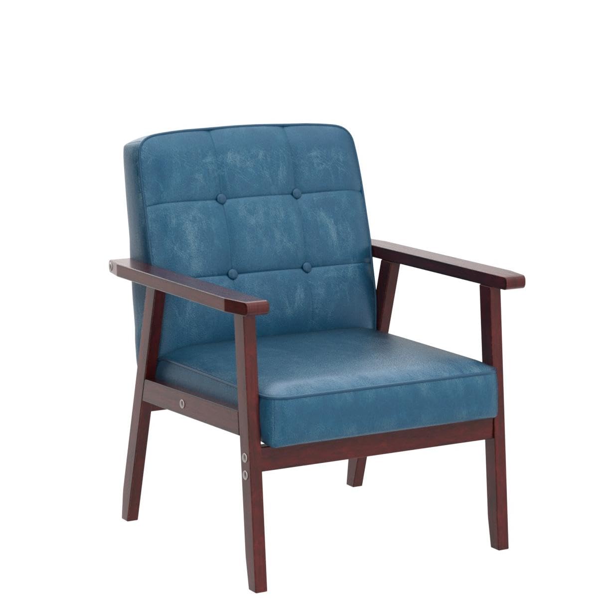 Accent Chairs Set of 2, Mid Century Modern Accent Chair, Retro Wood and Leather Armchairs Side Chair, Lounge Reading Comfy Arm Chair for Living Room, Bedroom, Office (Blue)