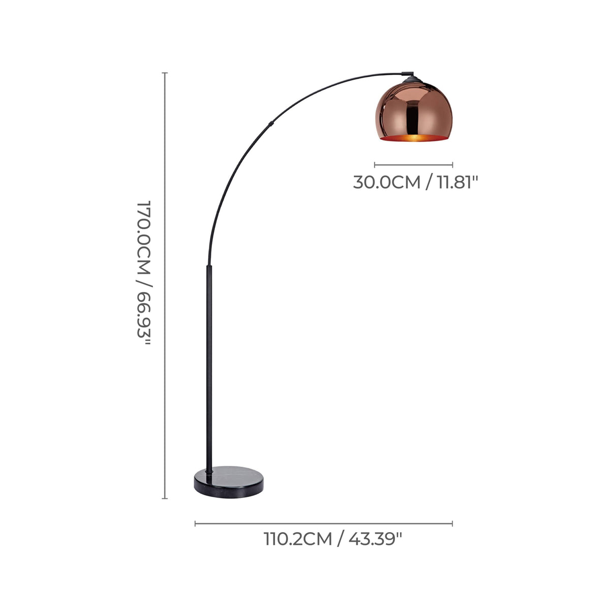 Arquer 66.93" Arc Floor Lamp for Living Rooms, Home Offices, Dining Rooms, Bedrooms with Faux Black Marble Base and Rose Gold Bell Shade