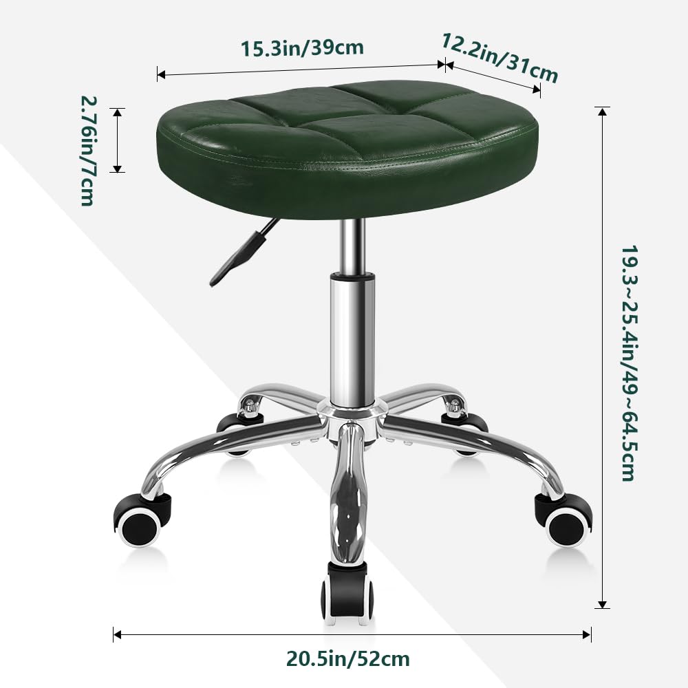 6-Square Lattice PU Swivel Stool with Wheel for Work SPA Shop Massage Height-Adjustable and Cost-Effective Rolling Stool Chair (Green)
