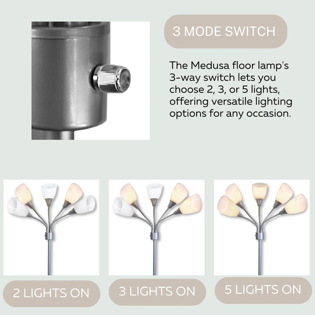 Medusa 5-Light Floor Lamp – Silver Multi-Head Standing Lamp w/ 5 Adjustable White Acrylic Shades for Bedroom, Living Room, Office, Requires E12 Candelabra-Base LED Bulbs