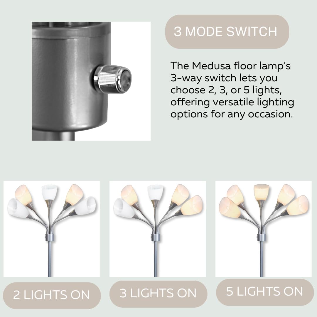 Medusa 5-Light Floor Lamp – Silver Multi-Head Standing Lamp w/ 5 Adjustable White Acrylic Shades for Bedroom, Living Room, Office, Requires E12 Candelabra-Base LED Bulbs
