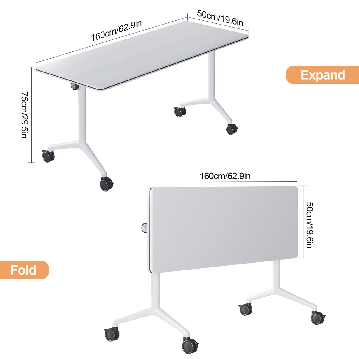 Folding Conference Table with Wheels, Flip-Top, 61in, 6 Pack, White