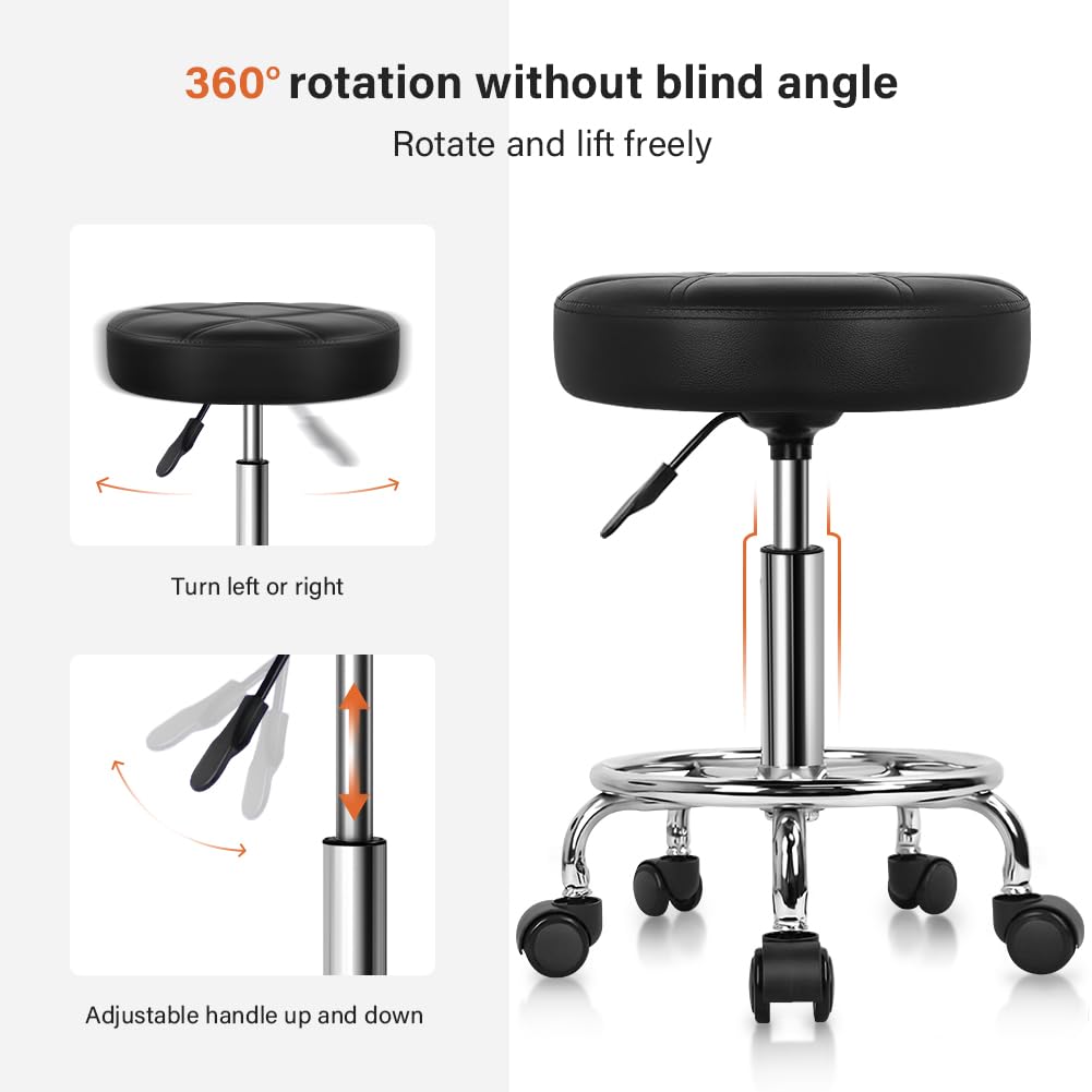 Round Rolling Stool Chair PU Leather Height Adjustable Swivel Drafting Work SPA Shop Medical Salon Stools with Wheels Office Chair Small (Black)