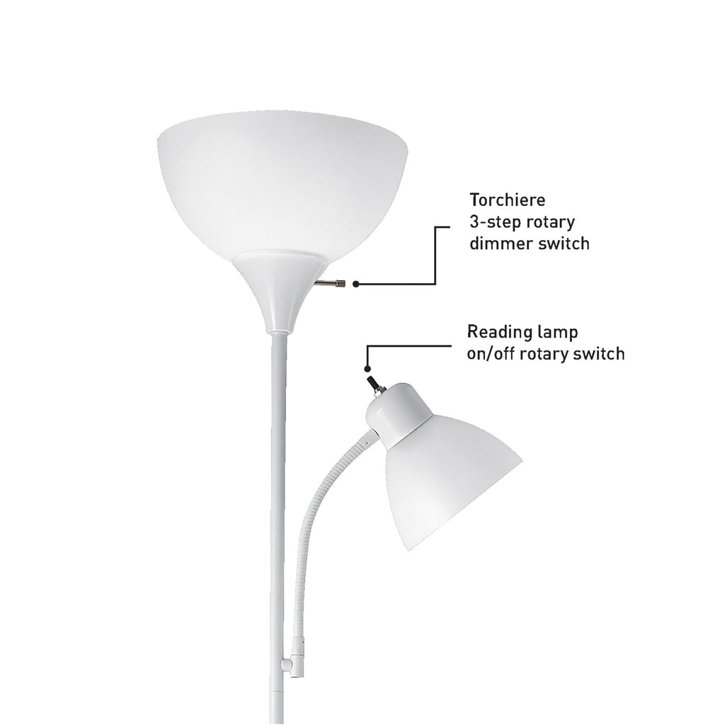 67136 72" Torchiere Floor Lamp with Adjustable Reading Light, Matte White Finish, Frosted Shades, Rotary Switch on Socket, E26 Base