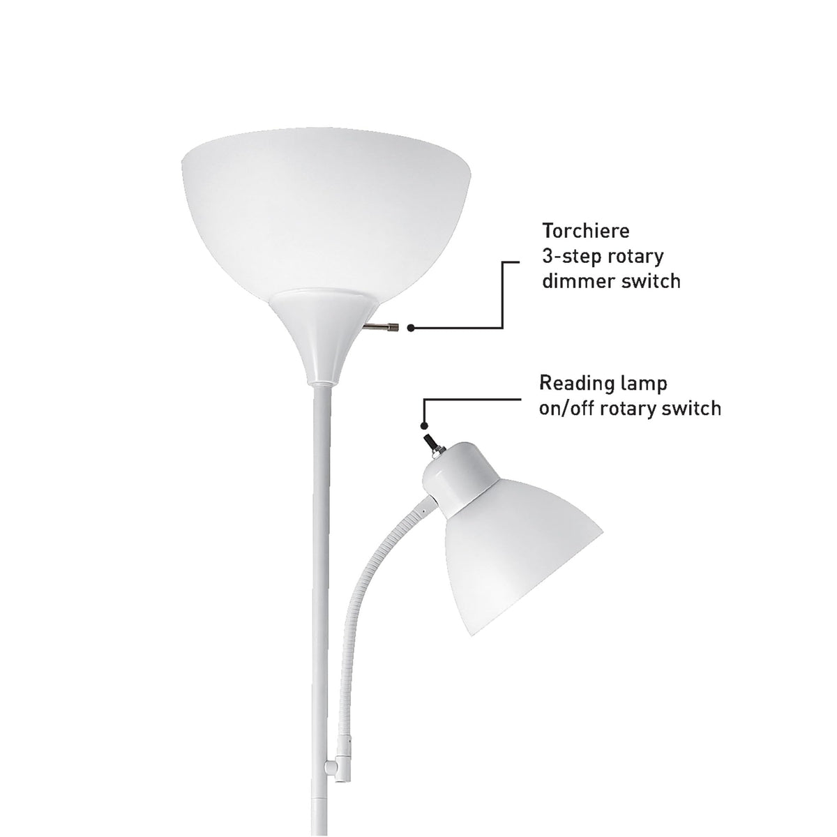 67136 72" Torchiere Floor Lamp with Adjustable Reading Light, Matte White Finish, Frosted Shades, Rotary Switch on Socket, E26 Base