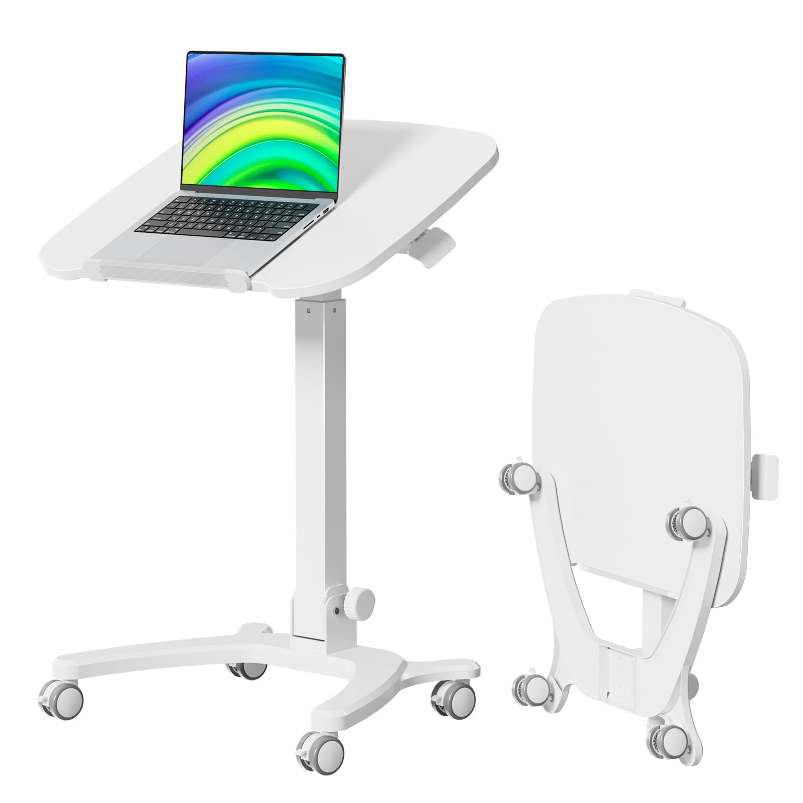 Foldable Mobile Standing Desk, 27"×21" Portable Rolling Laptop Cart with 90° Tiltable Board, Height Adjustable Workstation with Wheels, Folding Table for Home Office, White