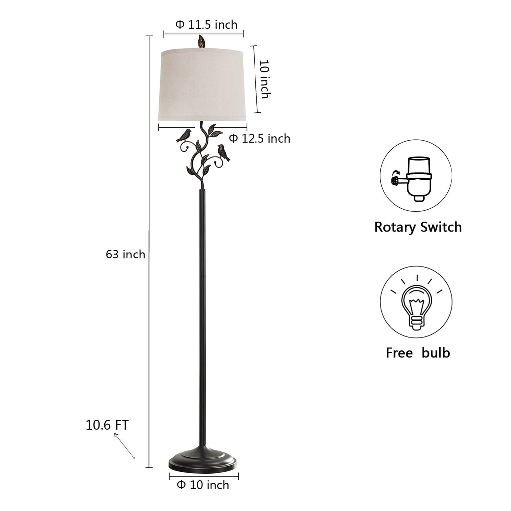 63" Rustic Unique Bird Leaf Floor Lamp for Living Room