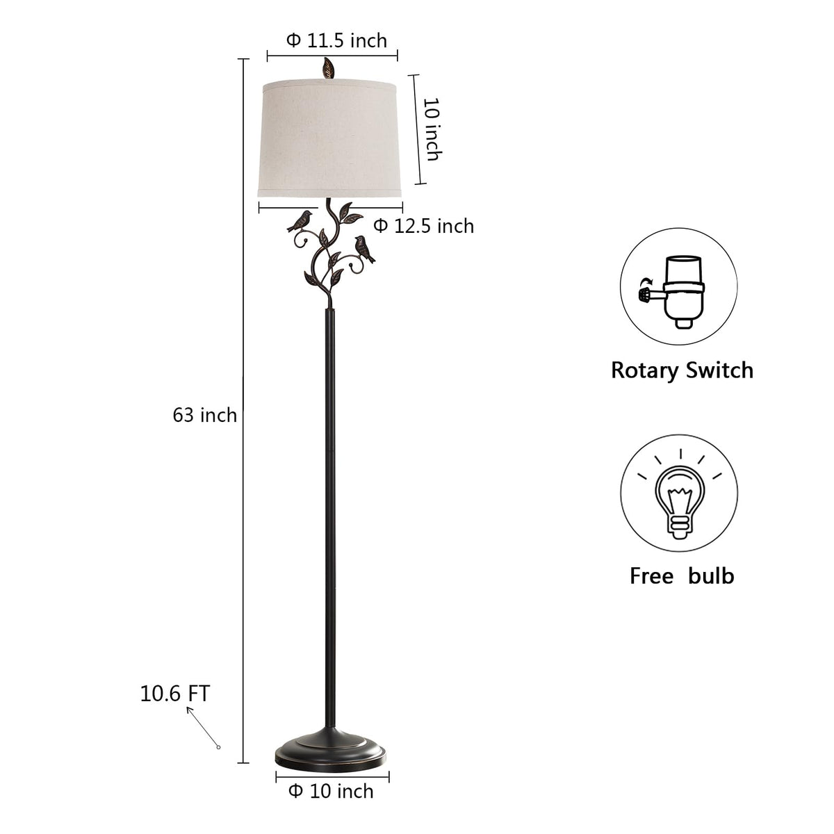 63" Rustic Unique Bird Leaf Floor Lamp for Living Room