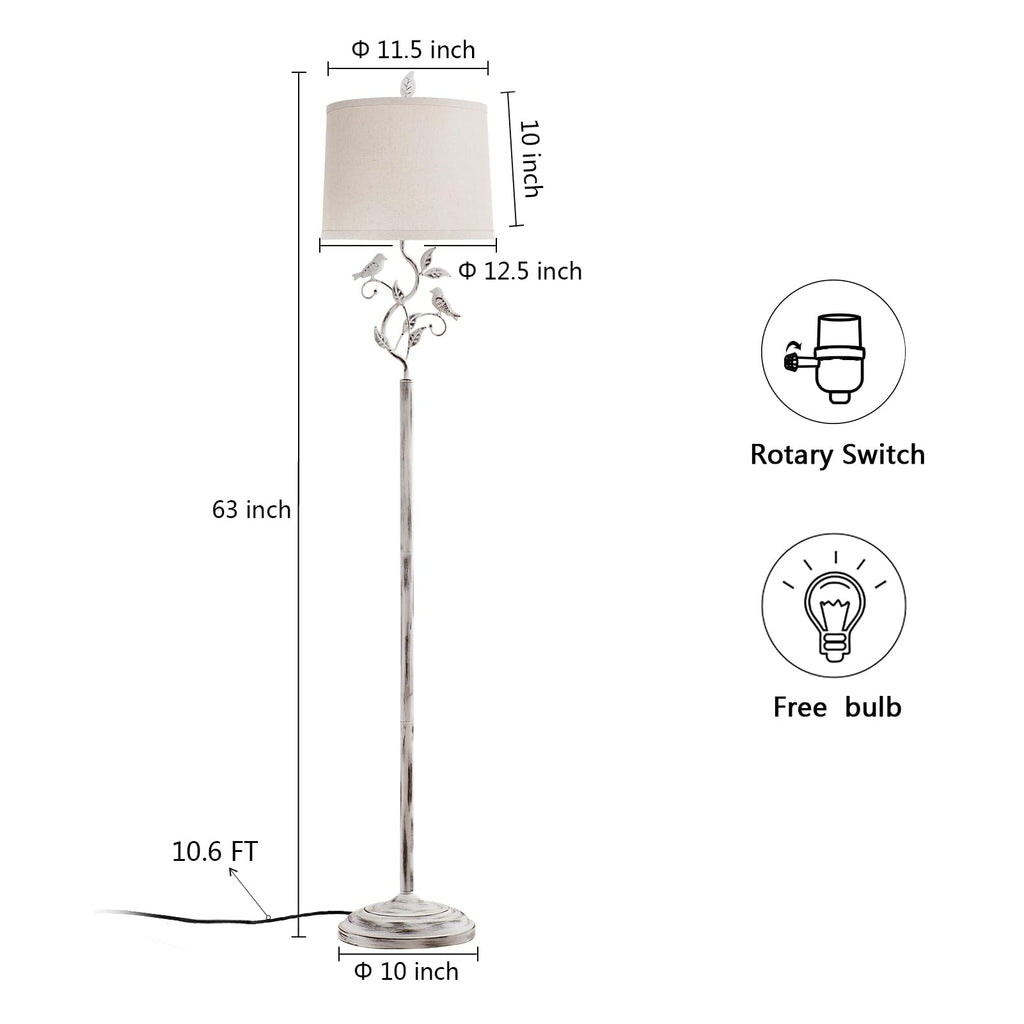 63" Vintage White Bird and Leaf Floor Lamp for Living Room