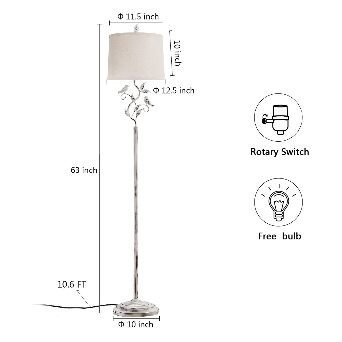 63" Vintage White Bird and Leaf Floor Lamp for Living Room