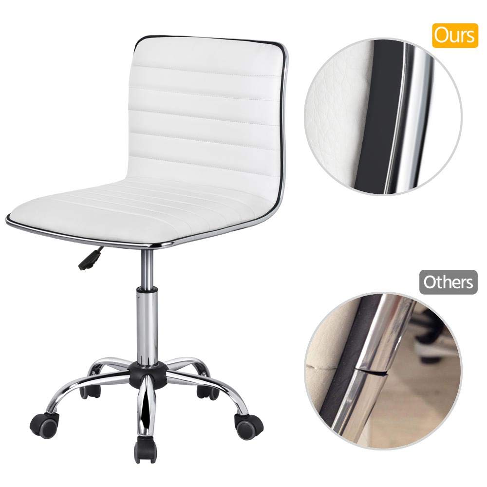 Adjustable Task Chair PU Leather Low Back Ribbed Armless Swivel White Desk Chair Office Chair Wheels