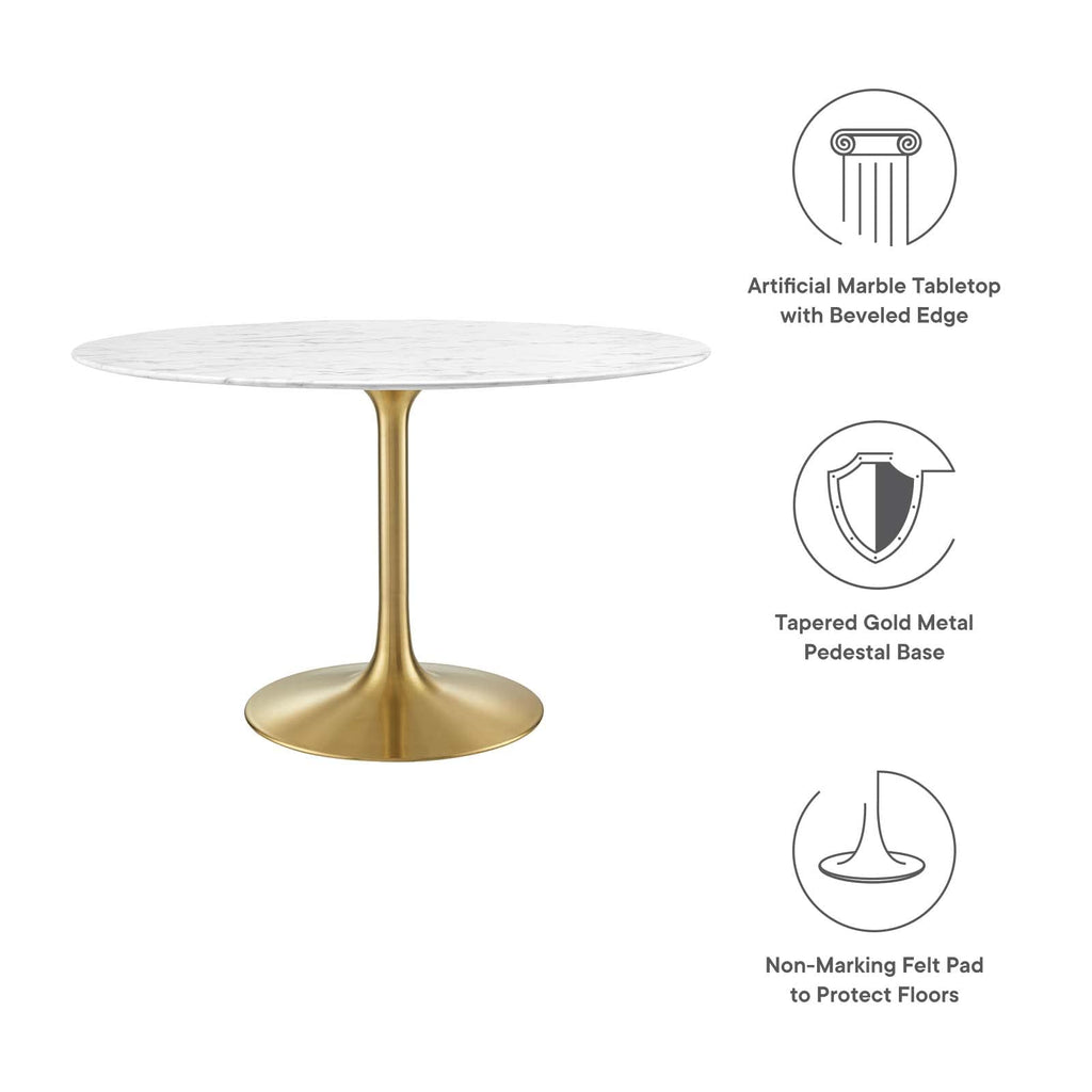 Modway Lippa 47" Mid-Century Dining Table with Round Artificial Marble Top in Gold White