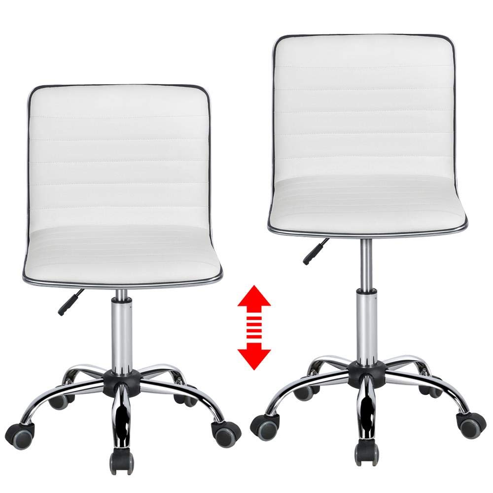 Adjustable Task Chair PU Leather Low Back Ribbed Armless Swivel White Desk Chair Office Chair Wheels