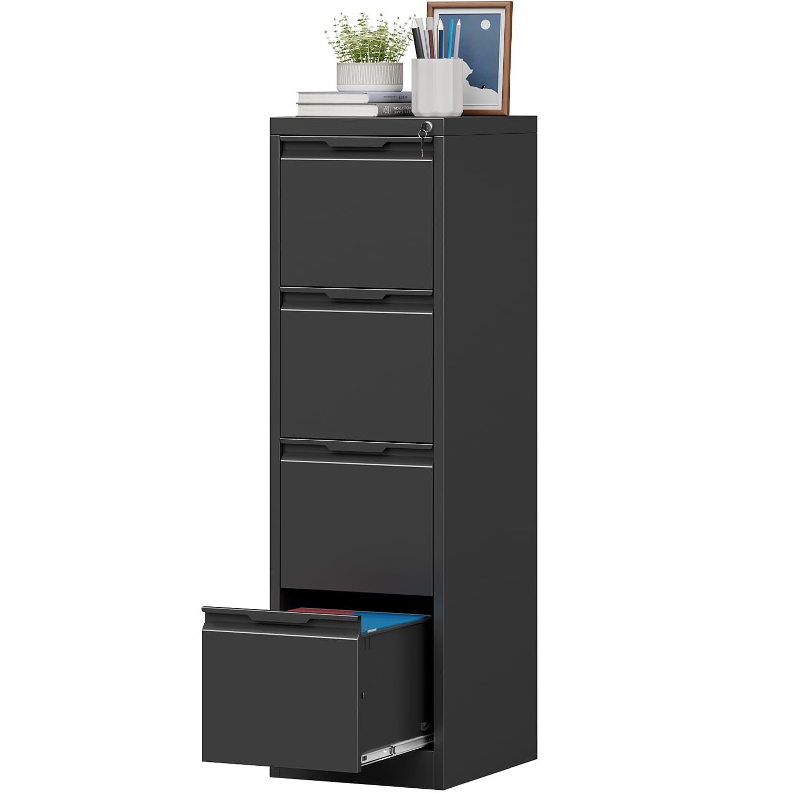 4 Drawer File Cabinet with Lock,Metal Vertical Filing Cabinets for Home Office,Heavy Duty File Storage Cabinet for Letter/Legal/A4/F4 Size File,Easy to Assemble,Black