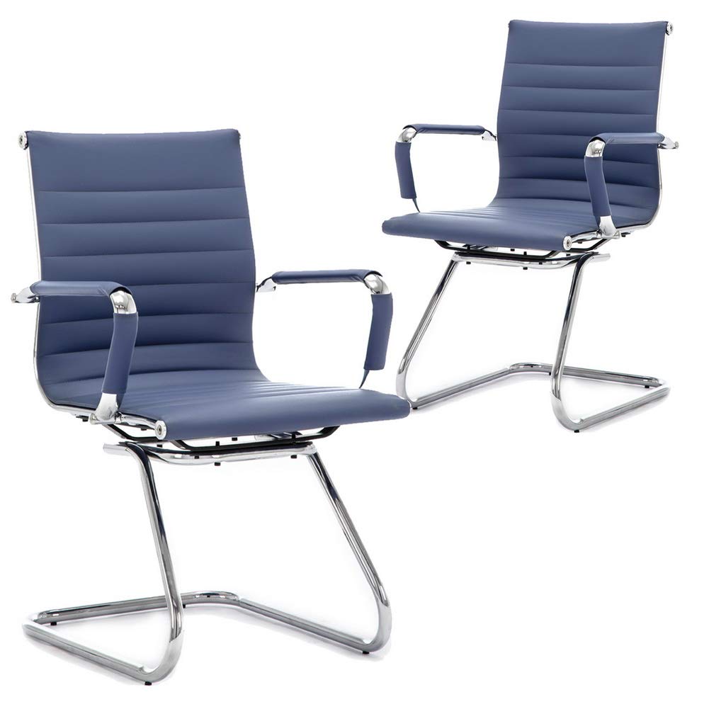 Office Chairs Leather Conference Guest Chair Heavy Duty Back Support Office Chair, Set of 2 (Navy)