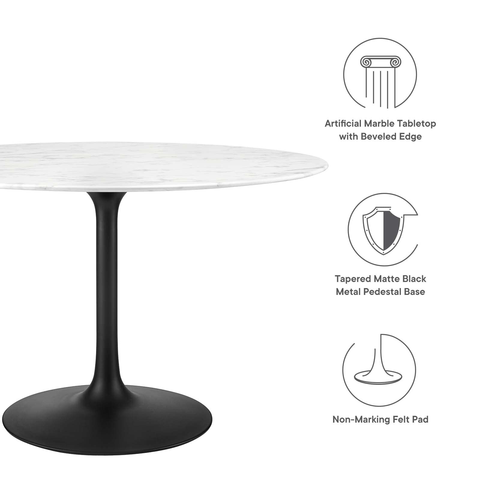 Modway Lippa 47" Round Artificial Marble Dining Table, Top, Black Base