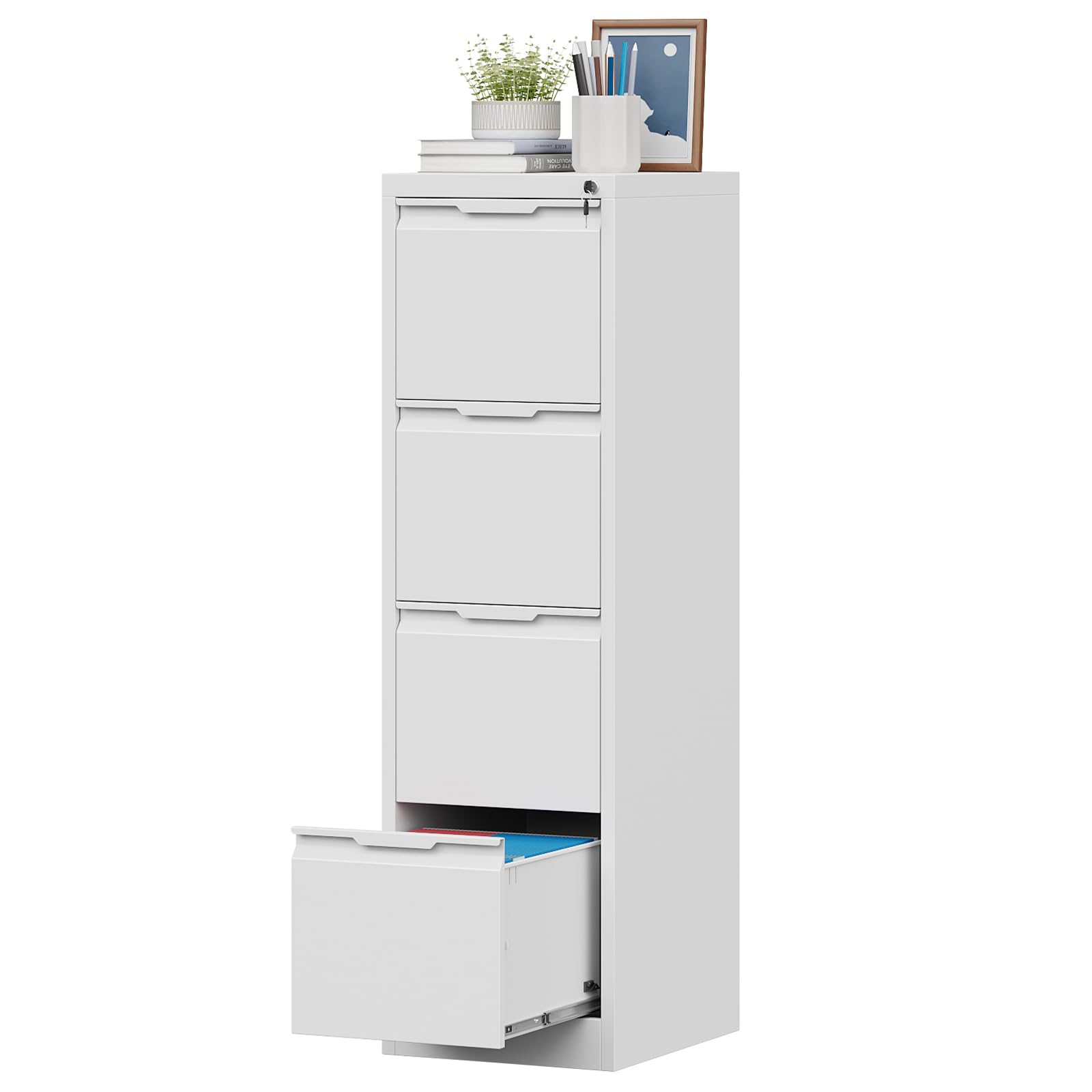4 Drawer File Cabinet with Lock,Metal Vertical Filing Cabinets for Home Office,Heavy Duty File Storage Cabinet for Letter/Legal/A4/F4 Size File,Easy to Assemble,Black,White