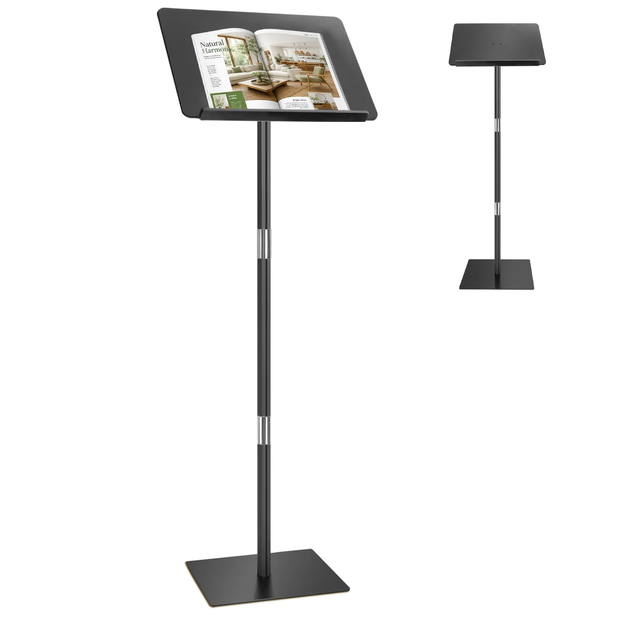 Podium Stand, Lecterns & Podiums, Acrylic Adjustable Angles with Metal Base, Podium for Church, Weddings, Classroom, Speech, 16" L x 12" W x 48" H (Black)