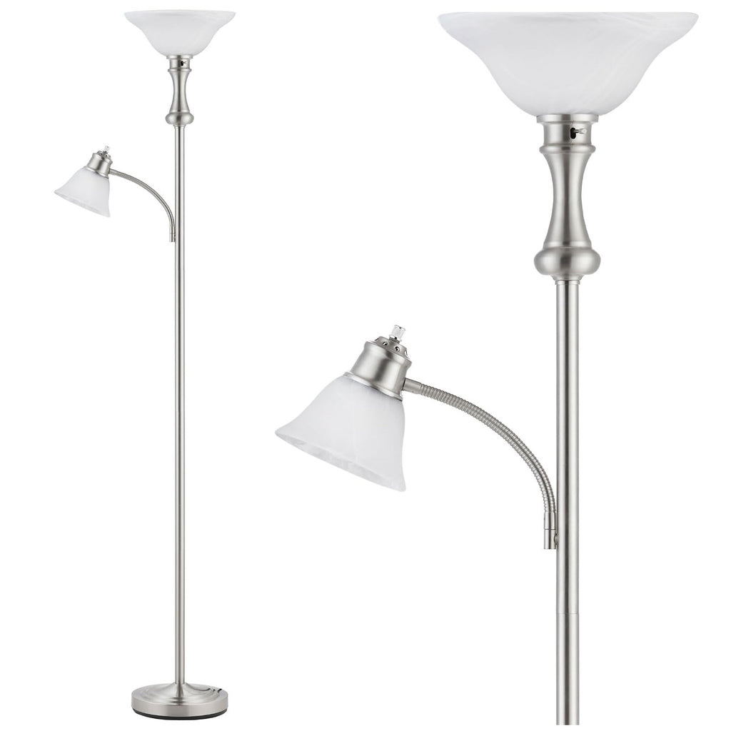 Torchiere Silver Floor Lamp with Adjustable Angle Reading Lamp-71IN