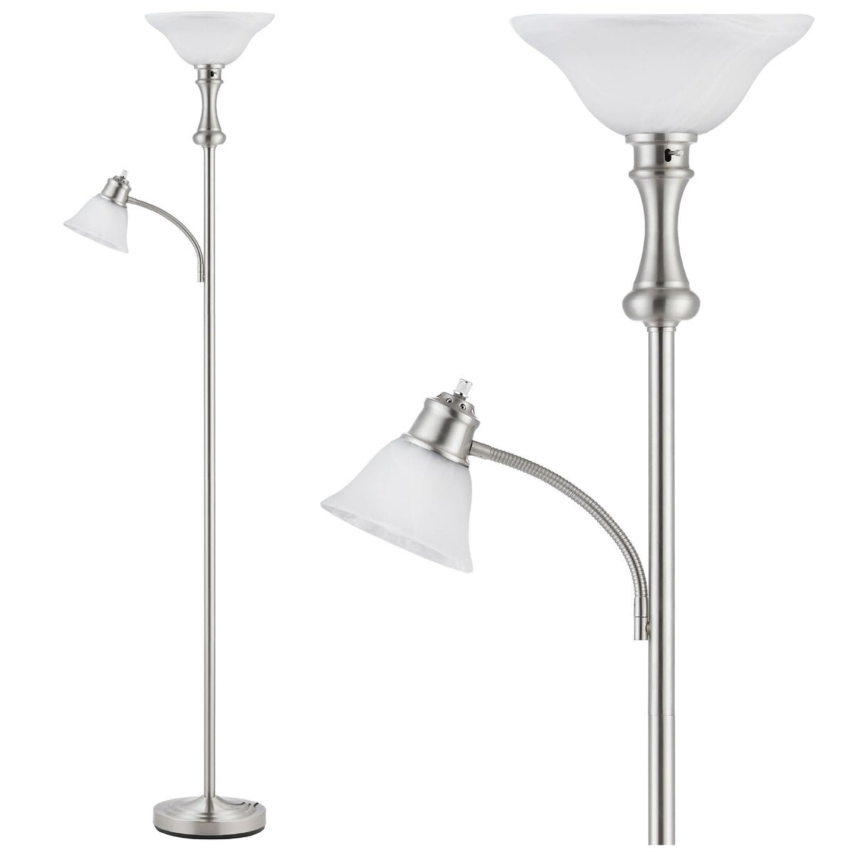 Torchiere Silver Floor Lamp with Adjustable Angle Reading Lamp-71IN