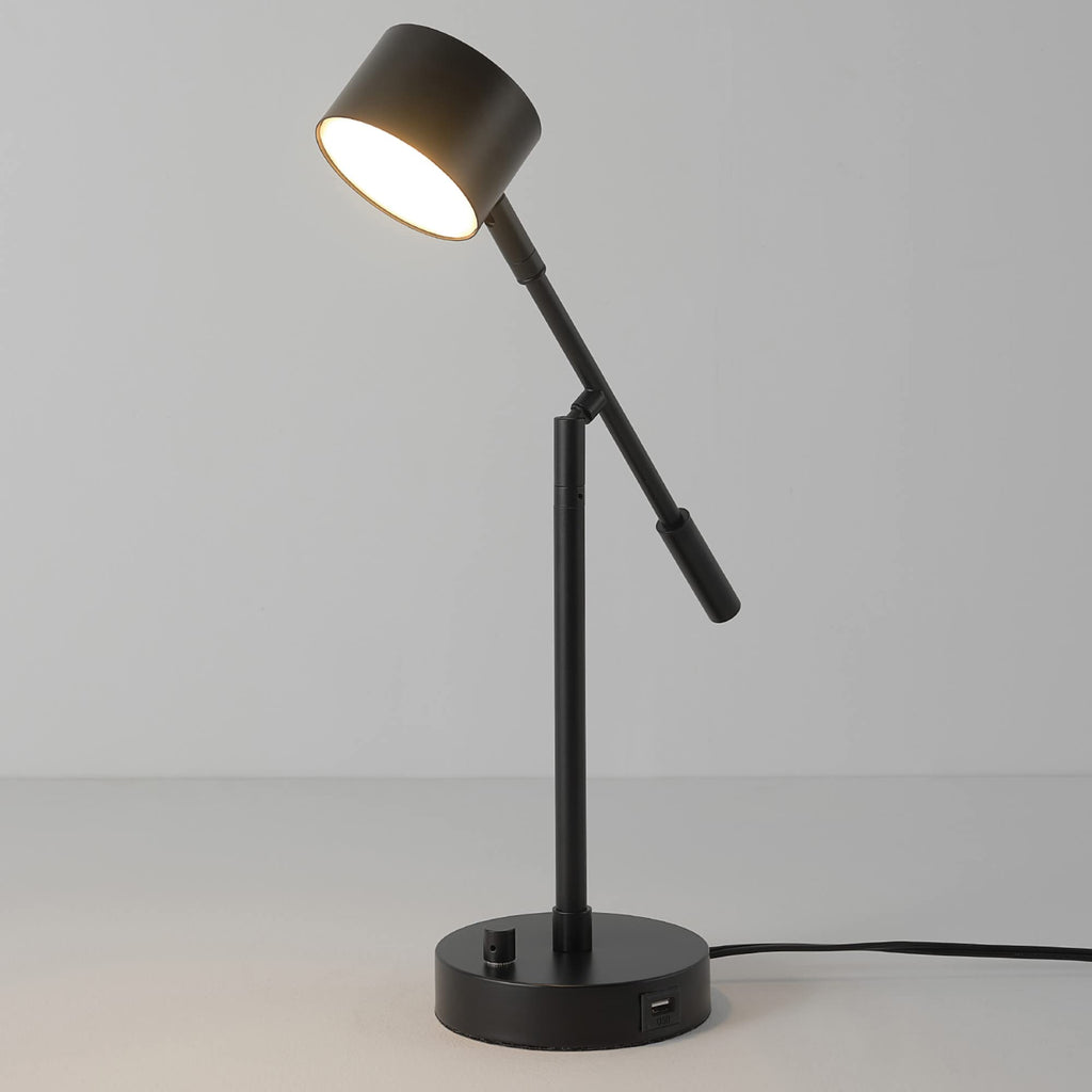 Aristocrat 16" Integrated LED Swing Arm Desk Lamp, Matte Black, Dimmable On/Off Rotary Switch at Base, 2.1A USB Port