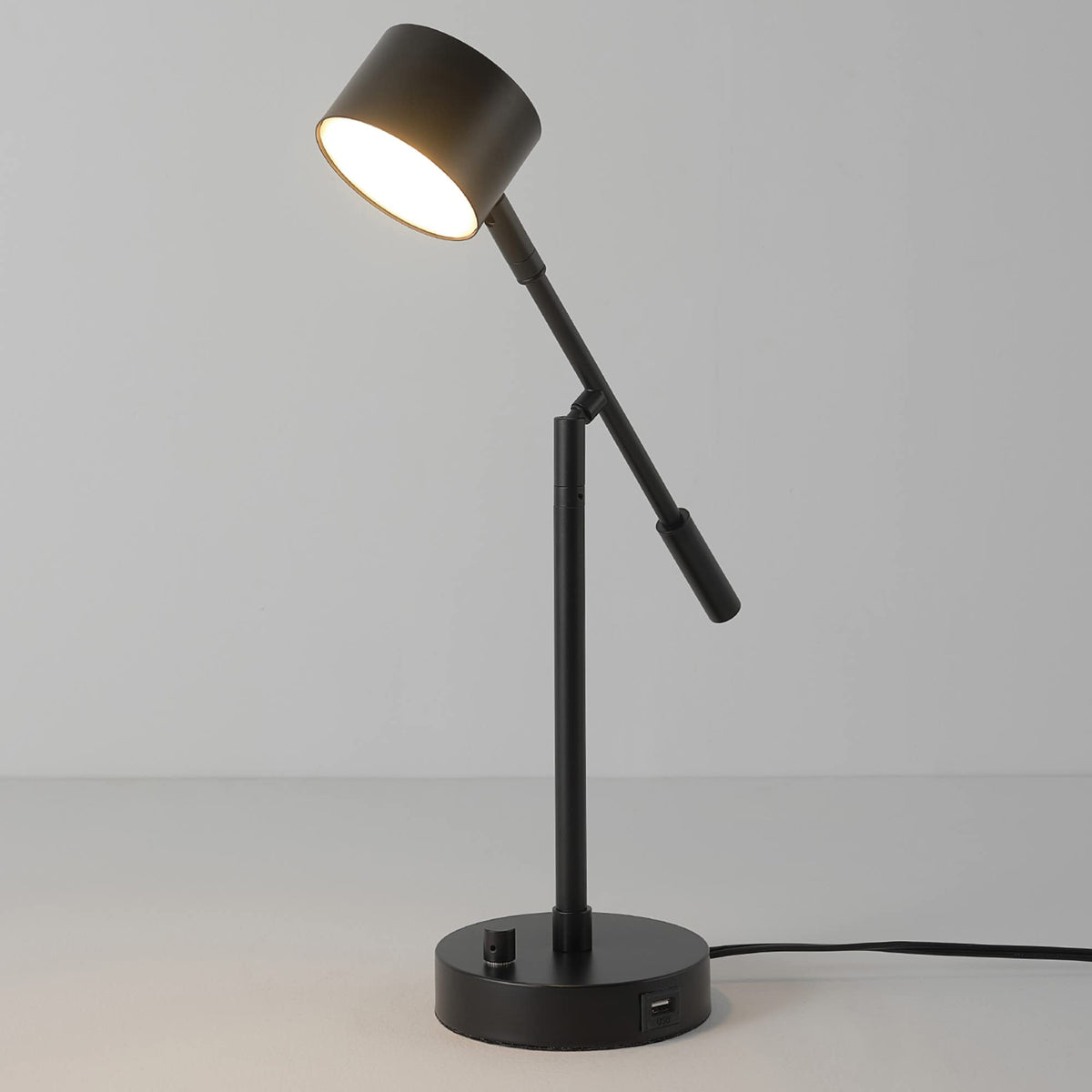 Aristocrat 16" Integrated LED Swing Arm Desk Lamp, Matte Black, Dimmable On/Off Rotary Switch at Base, 2.1A USB Port