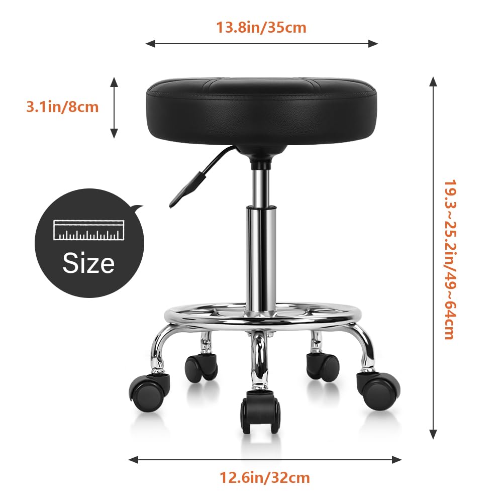 Round Rolling Stool Chair PU Leather Height Adjustable Swivel Drafting Work SPA Shop Medical Salon Stools with Wheels Office Chair Small (Black)